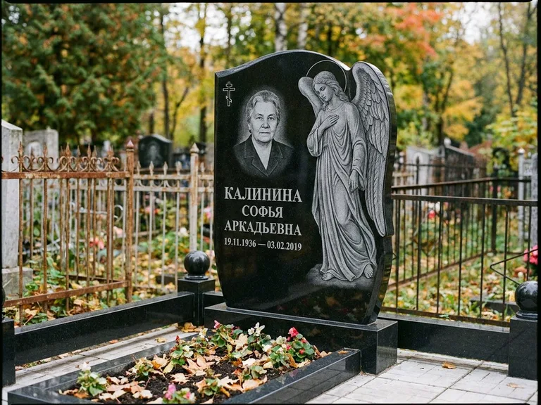 Памятник с гравировкой ангела — гравировка ангела с крестом рядом с эпитафией, работа «Игнатова» в Набережных Челнах