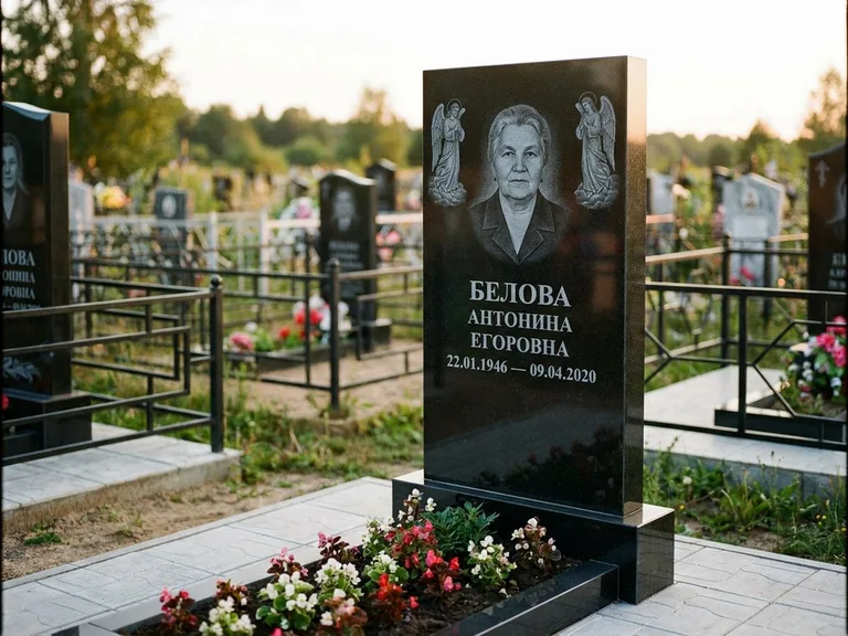 Памятник с гравировкой ангела — белая гравировка скорбящего ангела над портретом, работа «Журавлёва» в Набережных Челнах