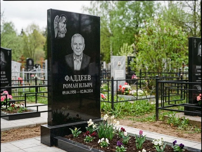 Памятник с гравировкой ангела — гравировка молящегося ангела в верхней части стелы, работа «Фаддеев» в Набережных Челнах