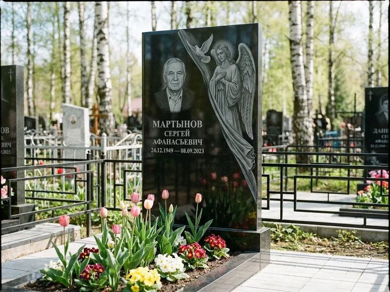 Памятник с гравировкой ангела — гравировка двух ангелов по сторонам портрета, работа «Касаткин» в Набережных Челнах