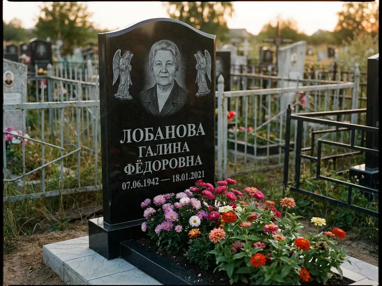 Памятник с гравировкой ангела — гравировка двух ангелов по сторонам портрета, работа «Лобанова» в Набережных Челнах
