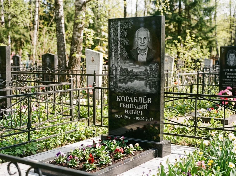Памятник с гравировкой берёзы — гравировка берёзы у зеркального озера, работа «Кораблёв» в Набережных Челнах