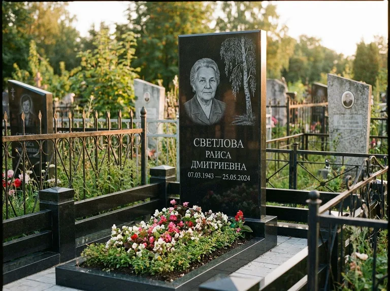 Памятник с гравировкой берёзы — гравировка плакучей берёзы с тонкими ветвями, работа «Светлова» в Набережных Челнах