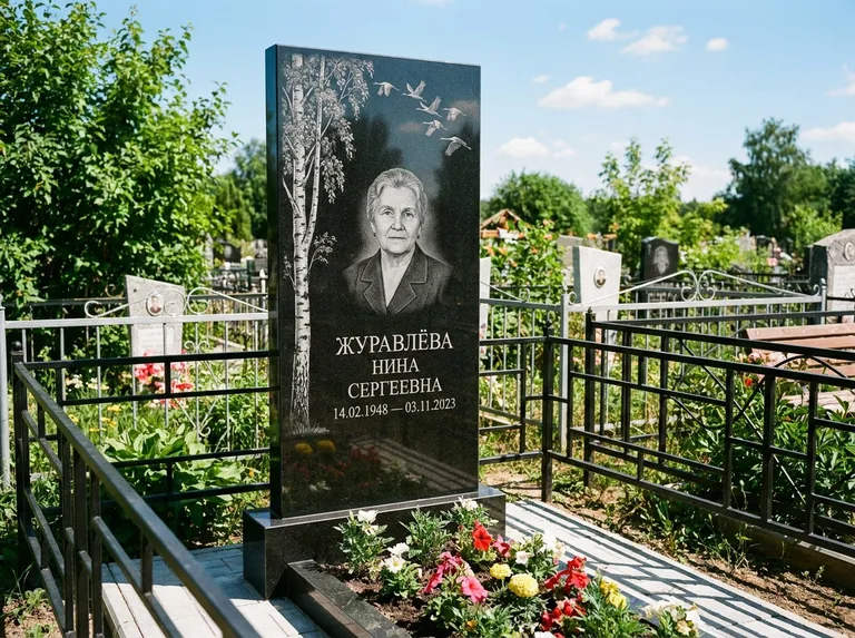 Памятник с гравировкой берёзы — гравировка берёзы с журавлиным клином в небе, работа «Журавлёва» в Набережных Челнах