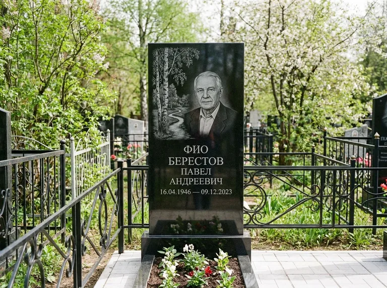 Памятник с гравировкой берёзы — гравировка берёзы у тропинки, уходящей вдаль, работа «Берестов» в Набережных Челнах