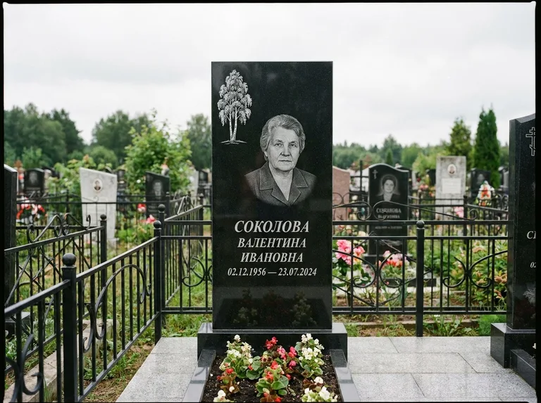 Памятник с гравировкой берёзы — гравировка одинокой берёзы над именем, работа «Соколова» в Набережных Челнах