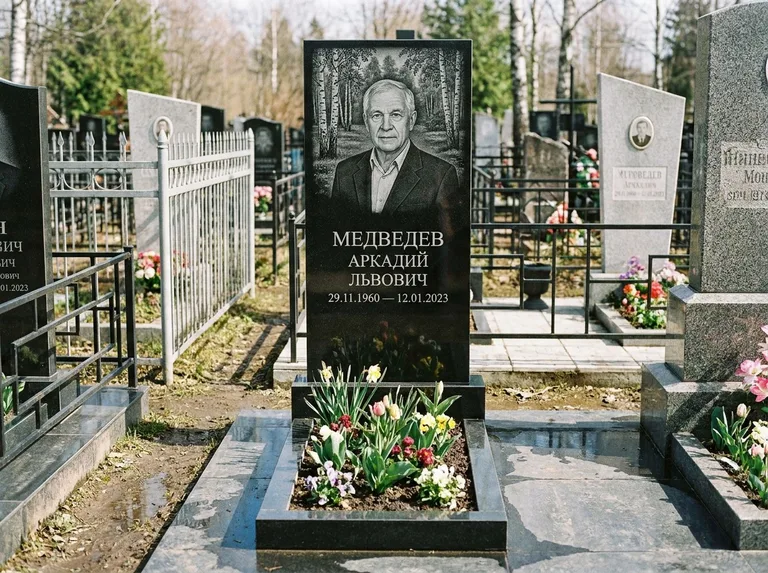 Памятник с гравировкой берёзы — гравировка берёзовой рощи в глубину, работа «Медведев» в Набережных Челнах