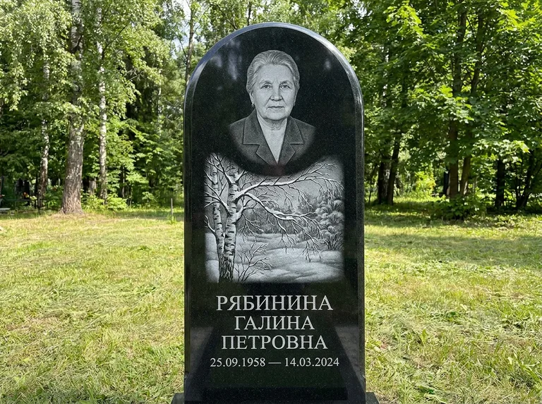 Памятник с гравировкой берёзы: стела с плавным арочным верхом — зимняя берёза, снег на ветвях, газон без ограды, стриженая трава, работа «Рябинина» в Набережных Челнах