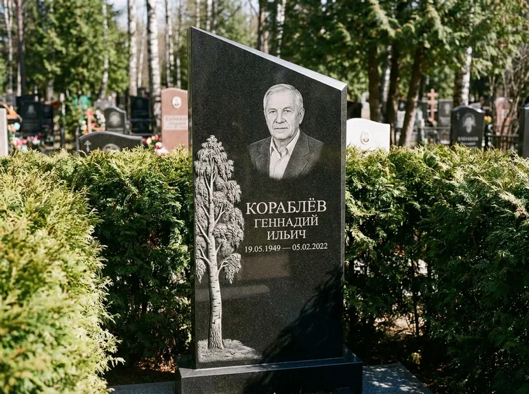Памятник с гравировкой берёзы: асимметричная скошенная стела — объёмная одинокая берёза с фактурной корой, живая изгородь из туи, работа «Кораблёв» в Набережных Челнах