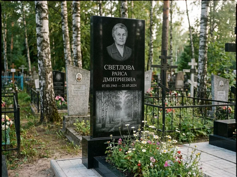 Памятник с гравировкой берёзы: двойная семейная стела — берёзовая роща в лёгкой дымке, цветник с полевыми цветами, работа «Светлова» в Набережных Челнах