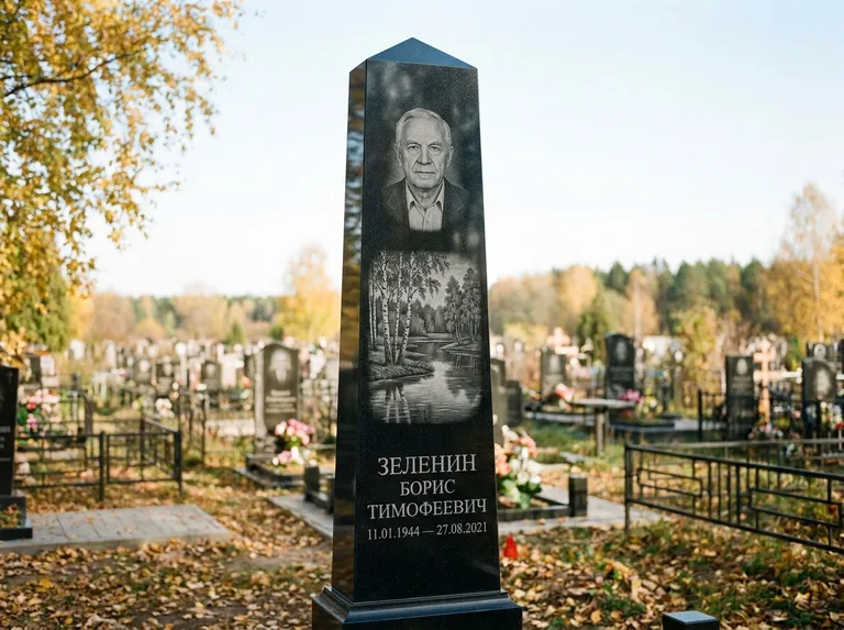 Памятник с гравировкой берёзы: гранёный обелиск-колонна — берёза у воды с отражением, открытый участок, мягкий свет, работа «Зеленин» в Набережных Челнах