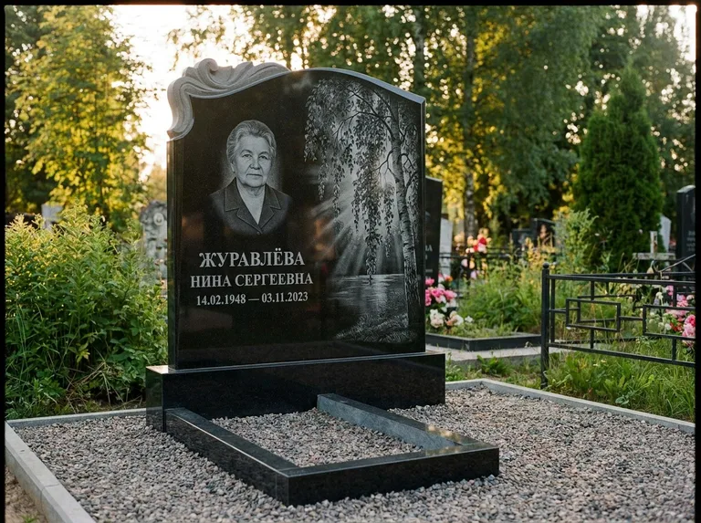 Памятник с гравировкой берёзы: стела с фигурным резным верхом — плакучая берёза в контровом свете, гравийная отсыпка, рассвет, работа «Журавлёва» в Набережных Челнах