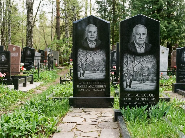 Памятник с гравировкой берёзы: массивная стела с двускатным навершием — зимняя берёза, снег на ветвях, дорожка из природного плитняка, работа «Берестов» в Набережных Челнах