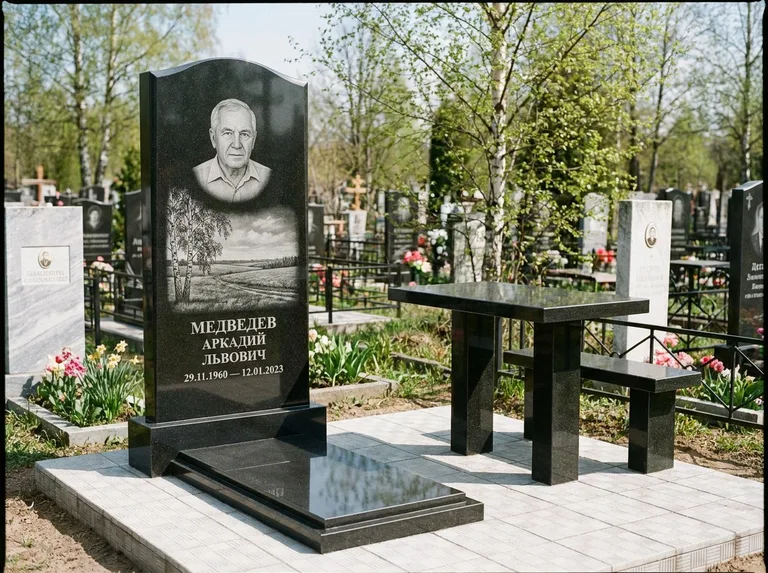 Памятник с гравировкой берёзы: стела с гранитным столиком и скамьёй — берёза у поля, простор до горизонта, семейный участок с плиткой, работа «Медведев» в Набережных Челнах