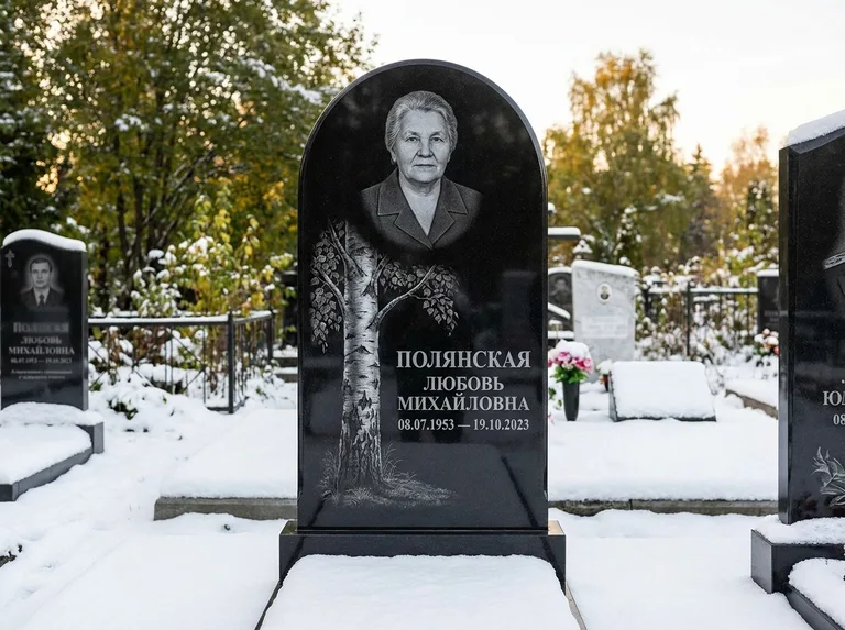 Памятник с гравировкой берёзы: полукруглая стела — объёмная одинокая берёза с фактурной корой, заснеженный зимний участок, работа «Полянская» в Набережных Челнах