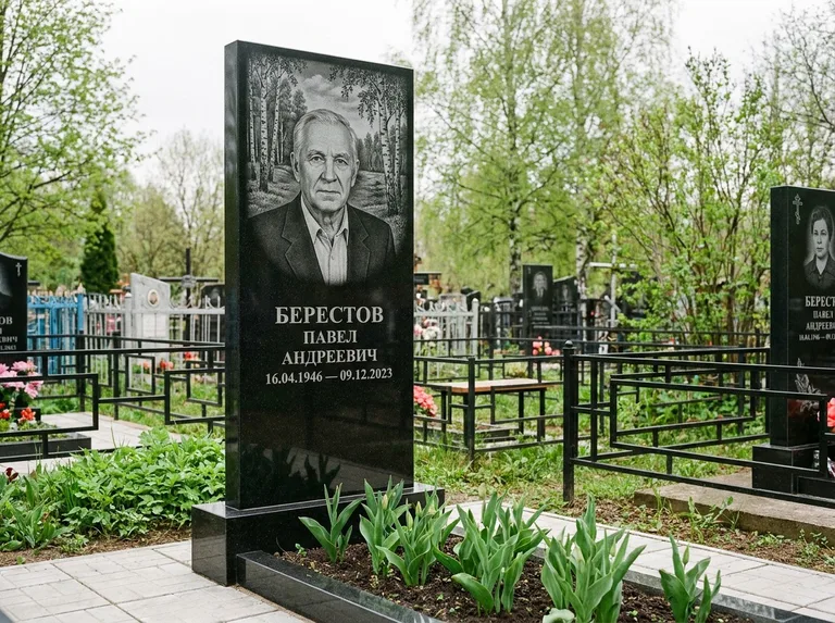 Памятник с гравировкой берёзы — гравировка берёзовой рощи в глубину, работа «Берестов» в Набережных Челнах