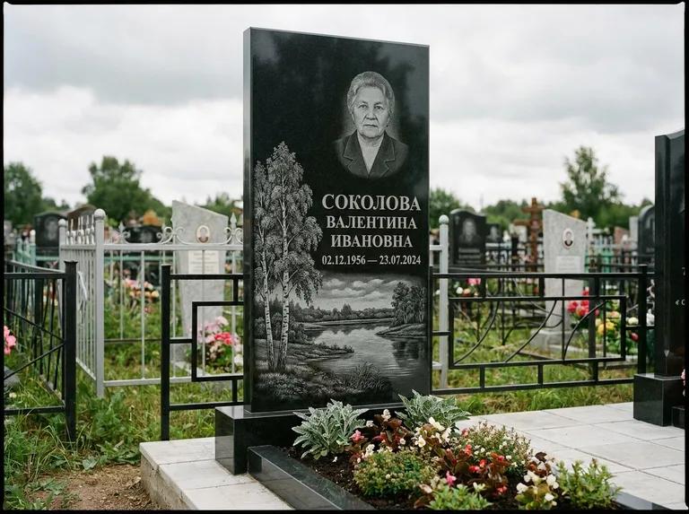 Памятник с гравировкой берёзы — гравировка берёзы у зеркального озера, работа «Соколова» в Набережных Челнах
