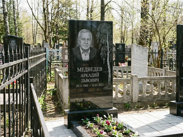 Памятник с гравировкой берёзы — гравировка плакучей берёзы с тонкими ветвями, работа «Медведев» в Набережных Челнах