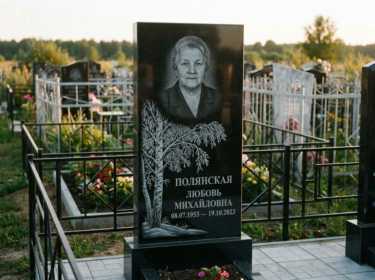 Памятник с гравировкой берёзы — гравировка зимней берёзы в инее, работа «Полянская» в Набережных Челнах