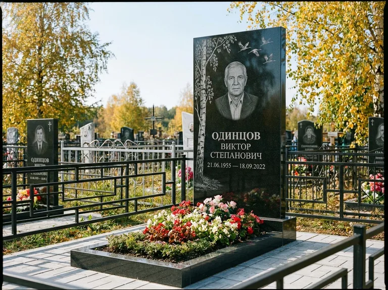 Памятник с гравировкой берёзы — гравировка берёзы с журавлиным клином в небе, работа «Одинцов» в Набережных Челнах