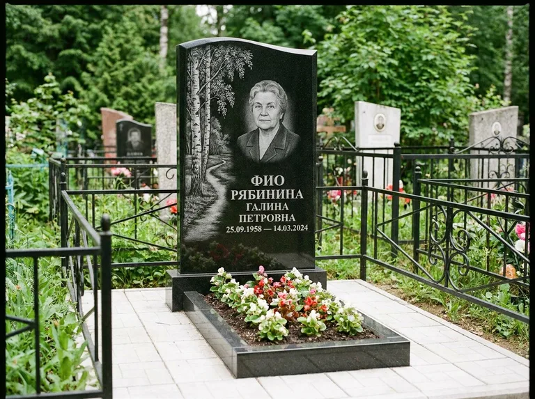 Памятник с гравировкой берёзы — гравировка берёзы у тропинки, уходящей вдаль, работа «Рябинина» в Набережных Челнах