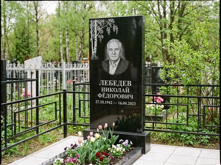 Памятник с гравировкой берёзы — гравировка одинокой берёзы над именем, работа «Лебедев» в Набережных Челнах