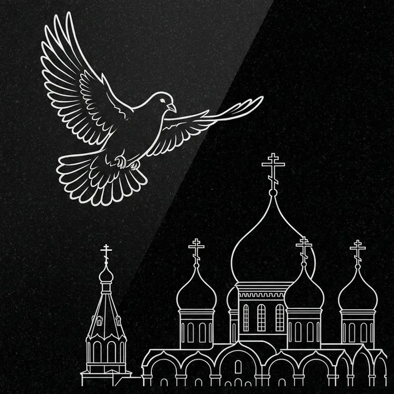 Эскиз гравировки голубей на памятник — голубь в небе над храмом в Набережных Челнах