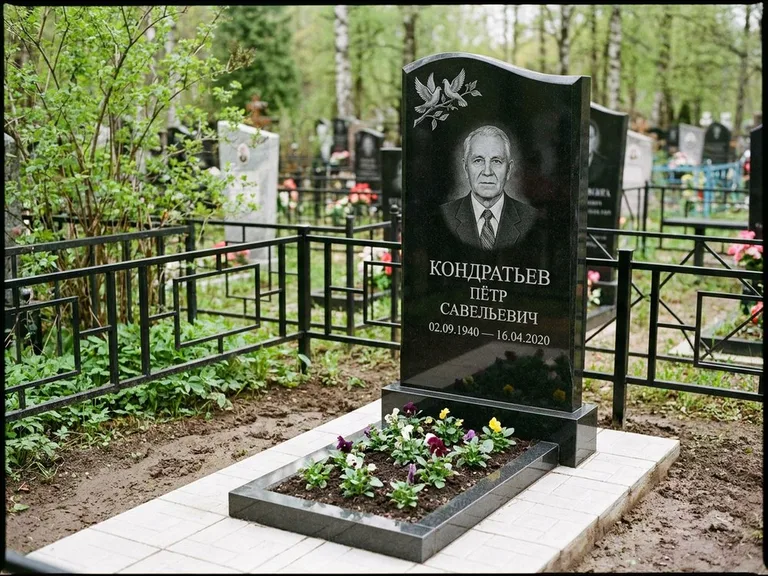Памятник с гравировкой голубей — гравировка пары голубей на ветке в верхнем углу стелы, работа «Кондратьев» в Набережных Челнах