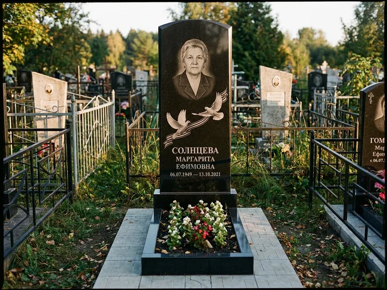 Памятник с гравировкой голубей — гравировка двух летящих голубей с лентой по диагонали стелы, работа «Солнцева» в Набережных Челнах