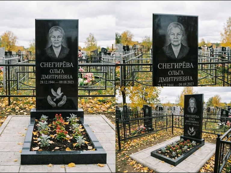 Памятник с гравировкой голубей — гравировка голубя над раскрытыми ладонями внизу стелы, работа «Снегирёва» в Набережных Челнах