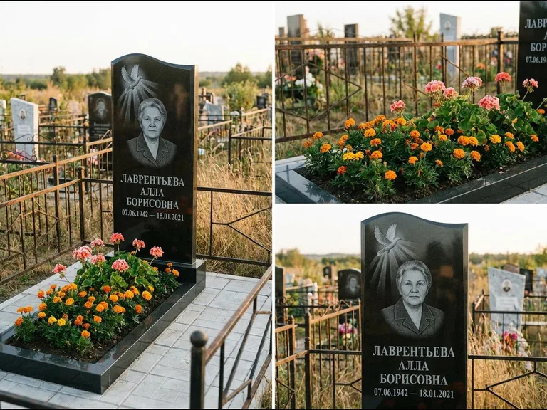 Памятник с гравировкой голубей — гравировка голубя в лучах света над портретом, работа «Лаврентьева» в Набережных Челнах
