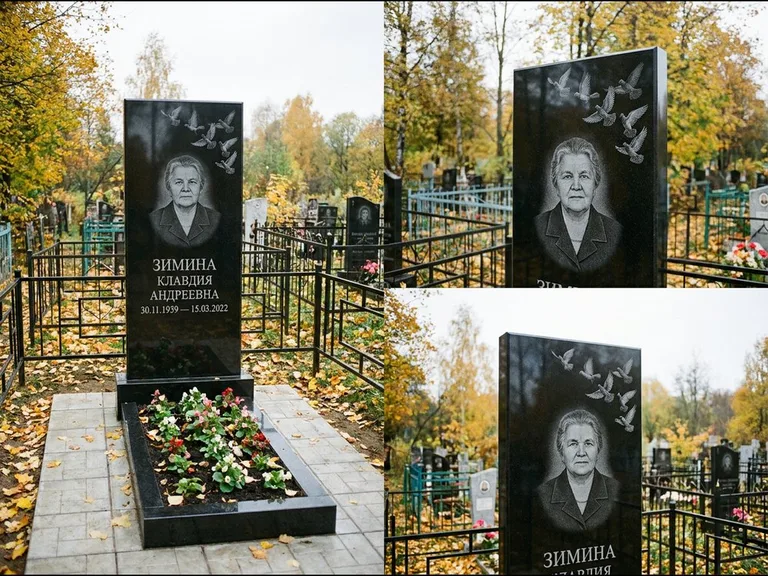 Памятник с гравировкой голубей — гравировка стаи голубей, взлетающей от угла стелы, работа «Зимина» в Набережных Челнах