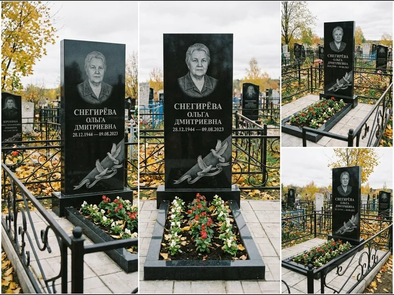 Памятник с гравировкой голубей — гравировка двух летящих голубей с лентой по диагонали стелы, работа «Снегирёва» в Набережных Челнах