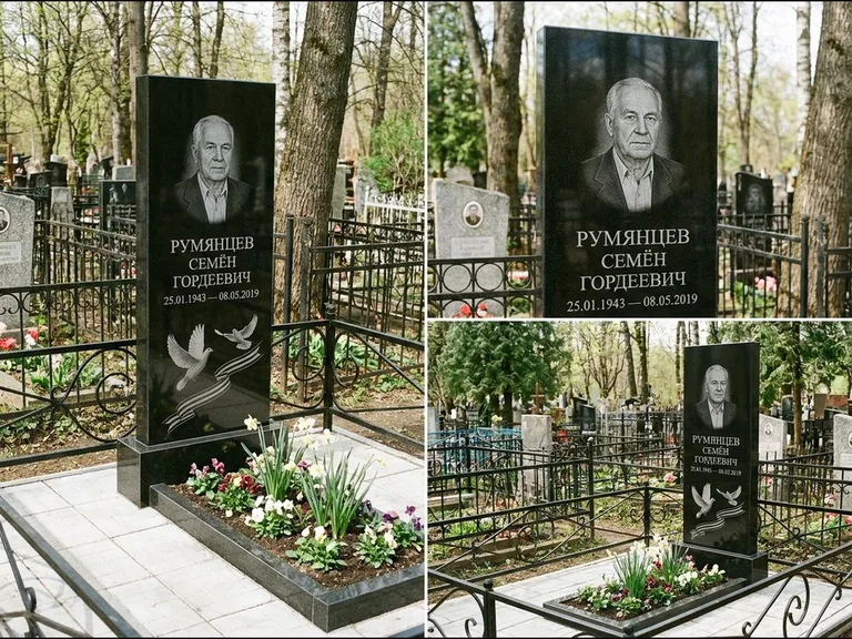 Памятник с гравировкой голубей — гравировка двух летящих голубей с лентой по диагонали стелы, работа «Румянцев» в Набережных Челнах