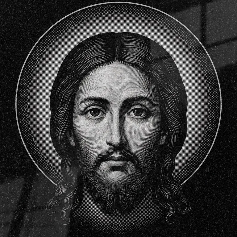 Эскиз иконы: Спас Нерукотворный (полутон) — детальный лик на убрусе, гравировка на памятник в Набережных Челнах