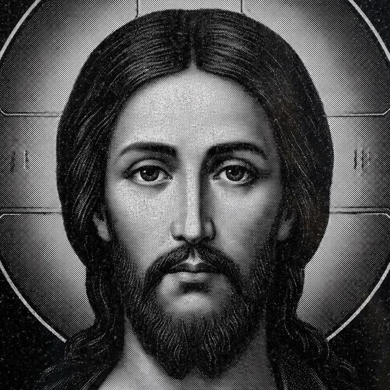 Эскиз иконы: Спас Вседержитель (полутон) — объёмный лик, светотень, гравировка на памятник в Набережных Челнах
