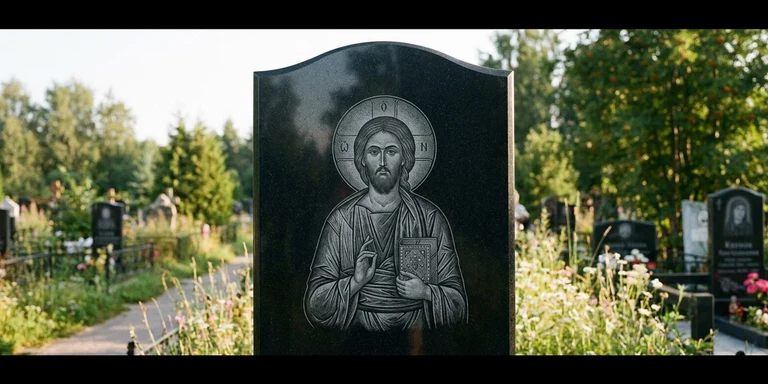 Иконы для гравировки на памятник в Набережных Челнах — образ на стеле из чёрного гранита с ручной доводкой лика