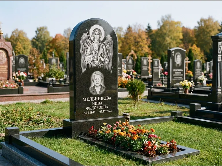 Памятник с гравировкой иконы — икона над портретом усопшего, работа «Журавлёв» в Набережных Челнах
