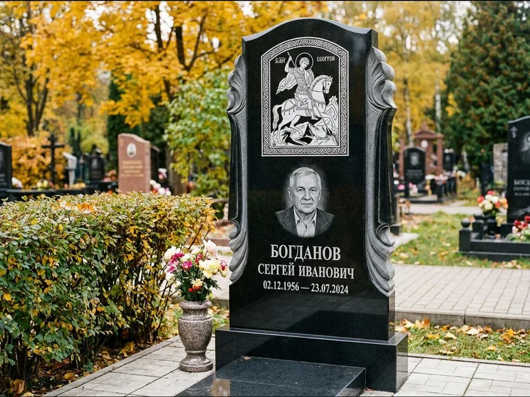 Памятник с гравировкой иконы — икона Спаса Вседержителя над именем усопшего, работа «Лебедева» в Набережных Челнах