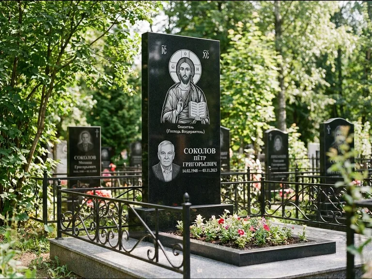 Памятник с гравировкой иконы — икона Спаса Вседержителя над именем усопшего, работа «Воронцова» в Набережных Челнах