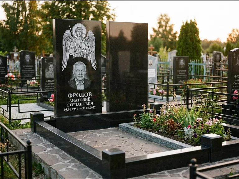 Памятник с гравировкой иконы: стела с резной рамкой вокруг иконы — Архангел Михаил на стеле, белая мраморная крошка с бордюром, работа «Богданова» в Набережных Челнах