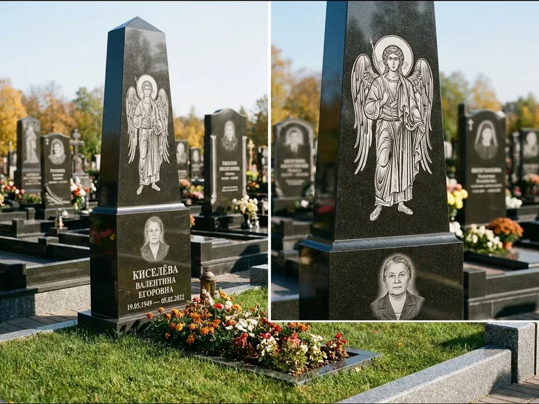 Памятник с гравировкой иконы: асимметричная скошенная стела — гравировка образа Спасителя, живая изгородь из кустарника, работа «Третьяков» в Набережных Челнах