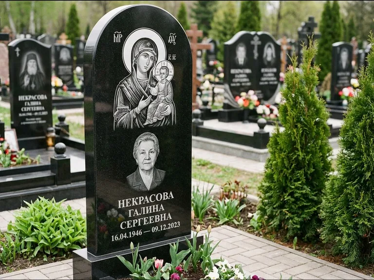 Памятник с гравировкой иконы: фигурная стела с киот-нишей под икону — икона в резной рамке-киоте, светлая гравийная отсыпка, работа «Журавлёв» в Набережных Челнах