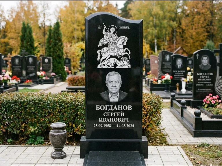 Памятник с гравировкой иконы: монументальный семейный мемориал из двух стел на общем цоколе — гравировка Николая Чудотворца, мощёная гранитная площадка без ограды, работа «Раевская» в Набережных Челнах