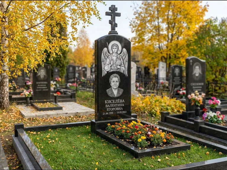 Памятник с гравировкой иконы — образ в полный рост на обороте стелы, работа «Гущин» в Набережных Челнах