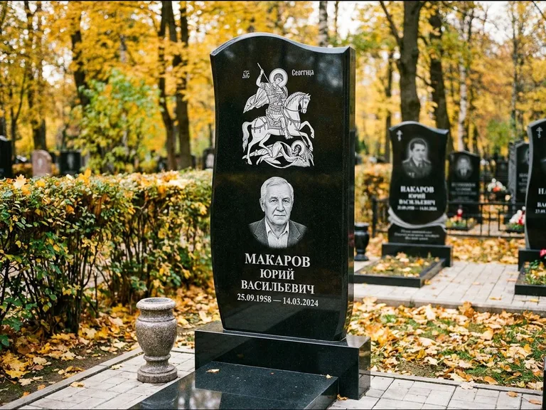 Памятник с гравировкой иконы — икона над портретом усопшего, работа «Раевская» в Набережных Челнах