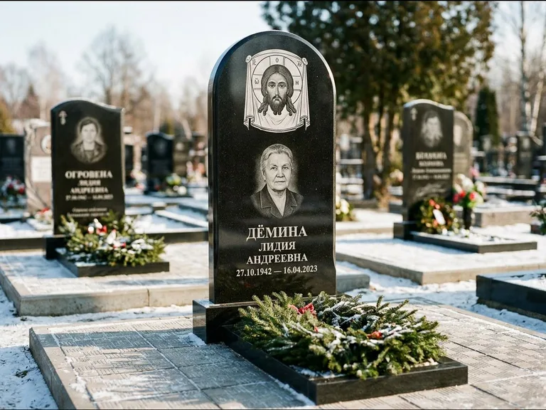 Памятник с гравировкой иконы — икона Спаса Вседержителя над именем усопшего, работа «Ковалёв» в Набережных Челнах