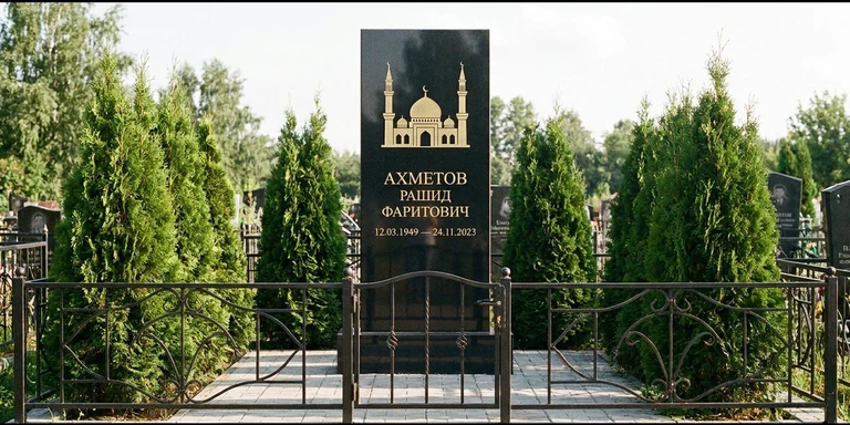 Гравировка мечети на памятник в Набережных Челнах — стела из чёрного гранита, оформление по канонам ислама