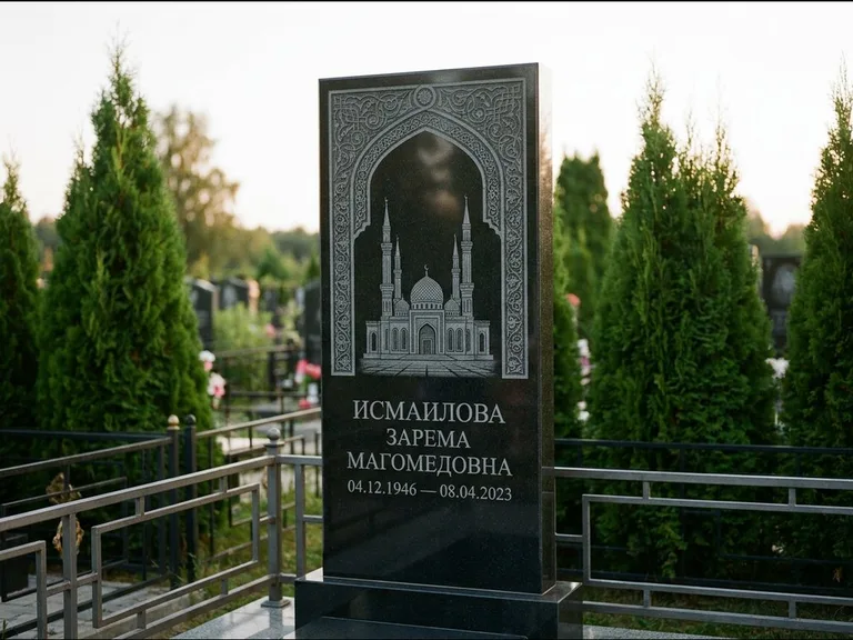 Мусульманский памятник с гравировкой мечети — мечеть в восточной арке с орнаментом, работа «Исмаилова» в Набережных Челнах