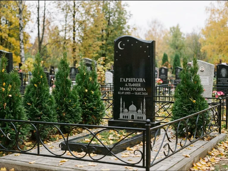 Мусульманский памятник с гравировкой мечети — мечеть с луной в ночном небе, работа «Гарипова» в Набережных Челнах
